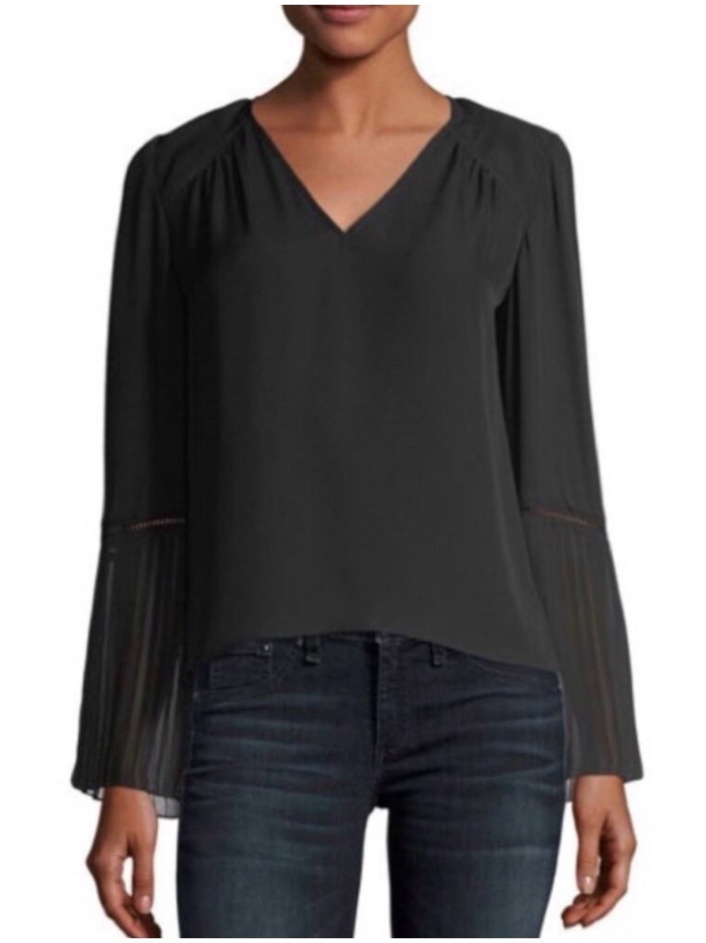 NEW Ramy Brook Silk Sonia Black Pleated Sleeve Accent Top